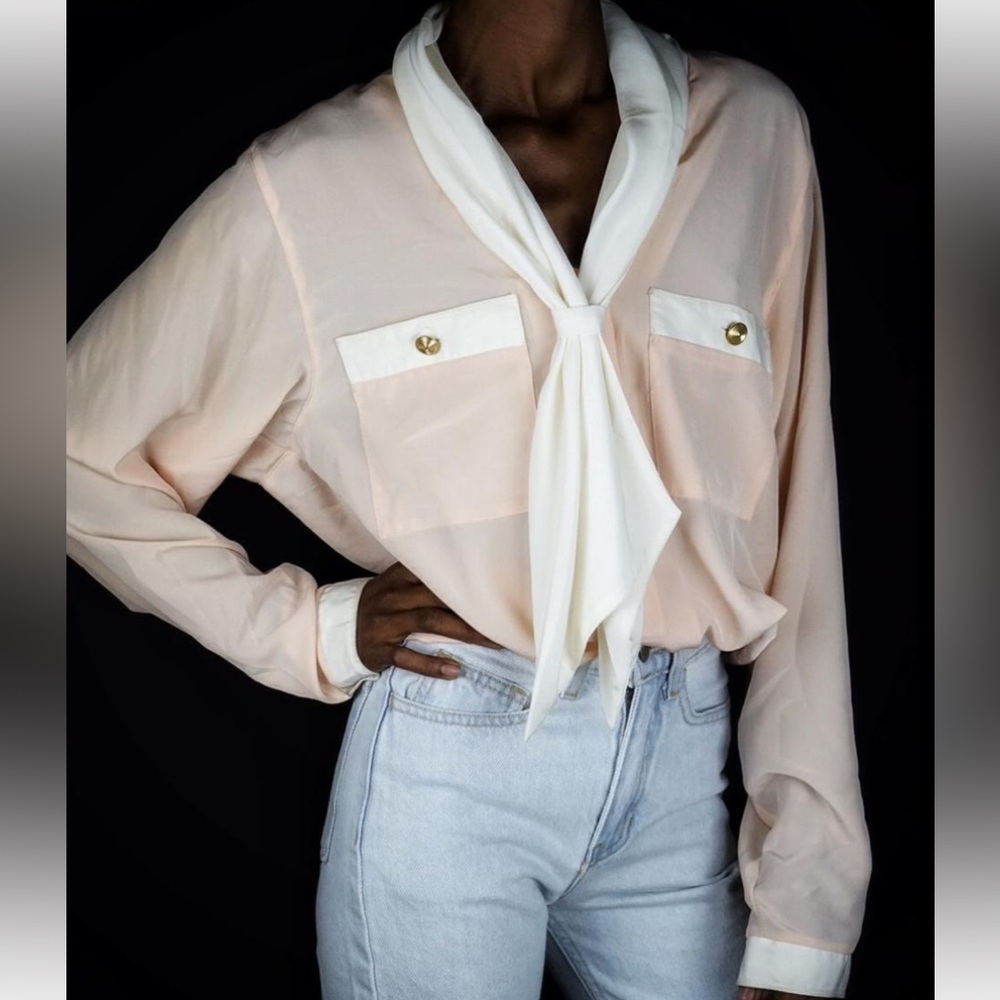 CHAUS VINTAGE PASTEL PEACH BLOUSE COLOR-BLOCK RETRO TIE SASH NECK CAREER SIZE 6